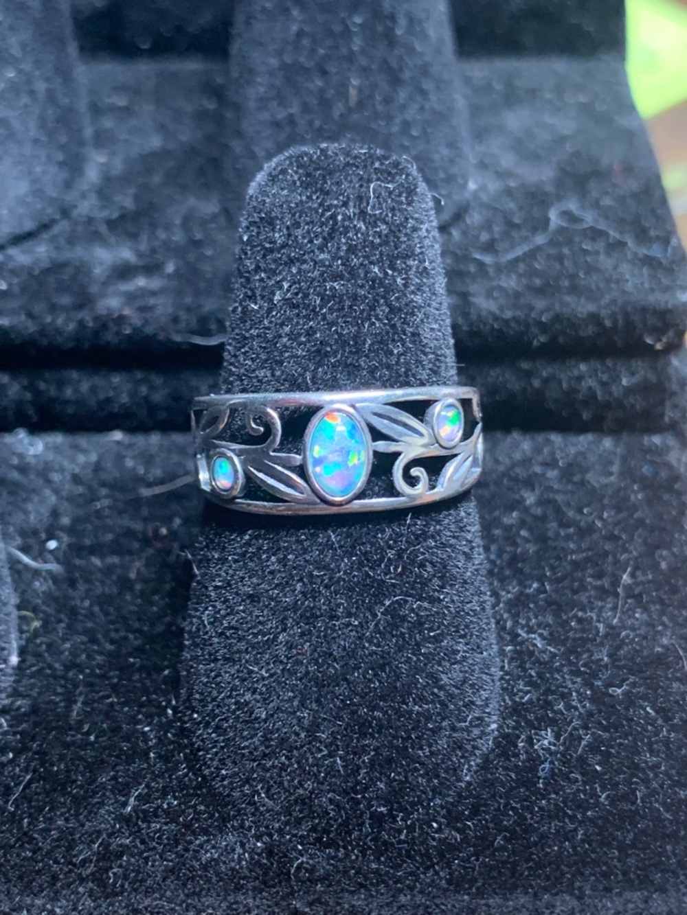 Sterling Silver Blue Opal Scroll Band Ring
